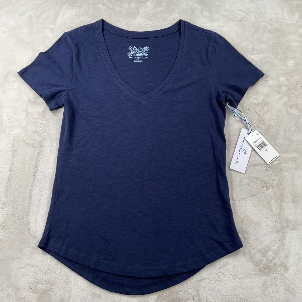 Southern Tide SunFarer V-Neck Tee Nautical Navy Cotton Slub Shirt XS New